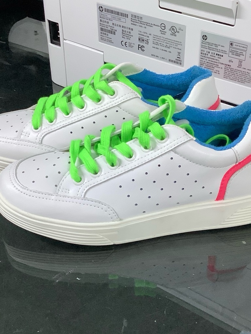 Steve Madden White Sneakers with Neon Green Laces and Blue Inner Lining